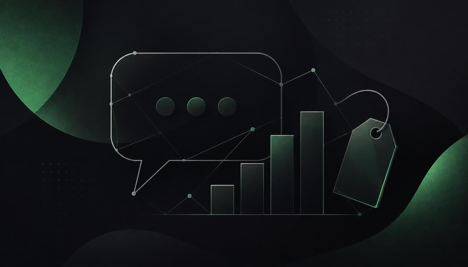 Abstract chat bubble, bar chart and price tag illustrating WhatsApp Business API pricing in 2026